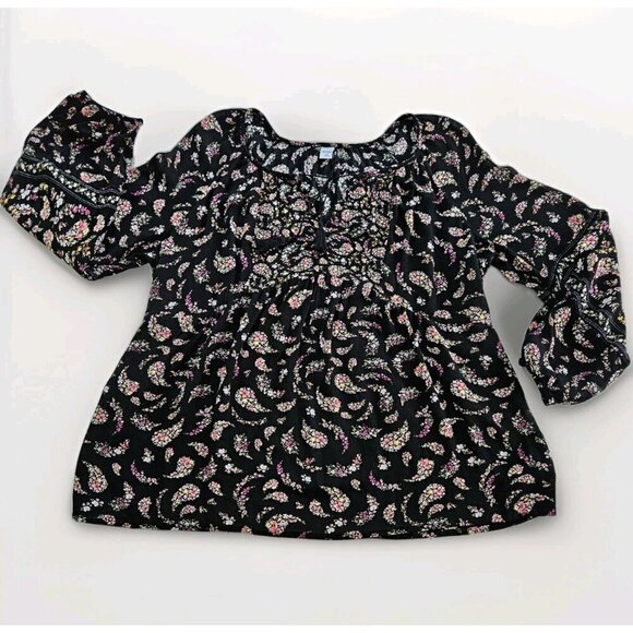 Old Navy Top Women M Black Floral Paisley Puff Sleeves Tassels Boho Whimsigoth - Picture 10 of 16